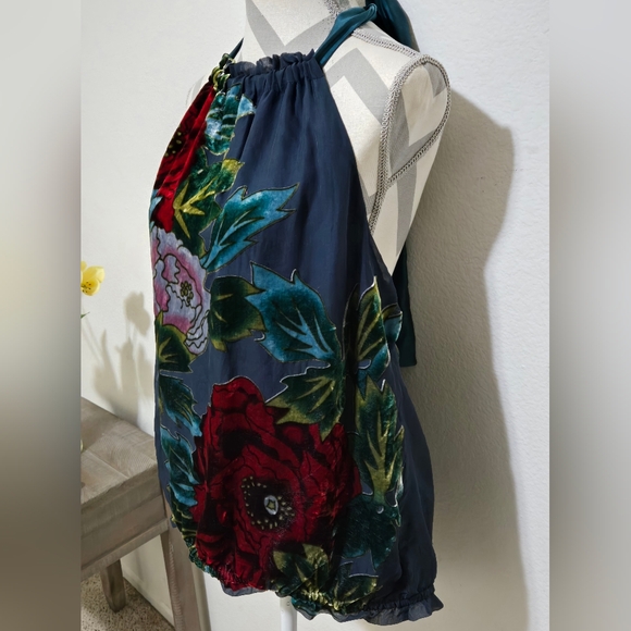 ✨HOST PICK✨️Hale Bob Floral Velvet Burnout on Blue Halter Top Silk Lining Large - Picture 8 of 12